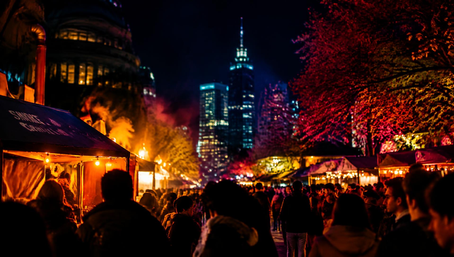 A Melbourne winter night festival glowing with warm lights and gathered crowds